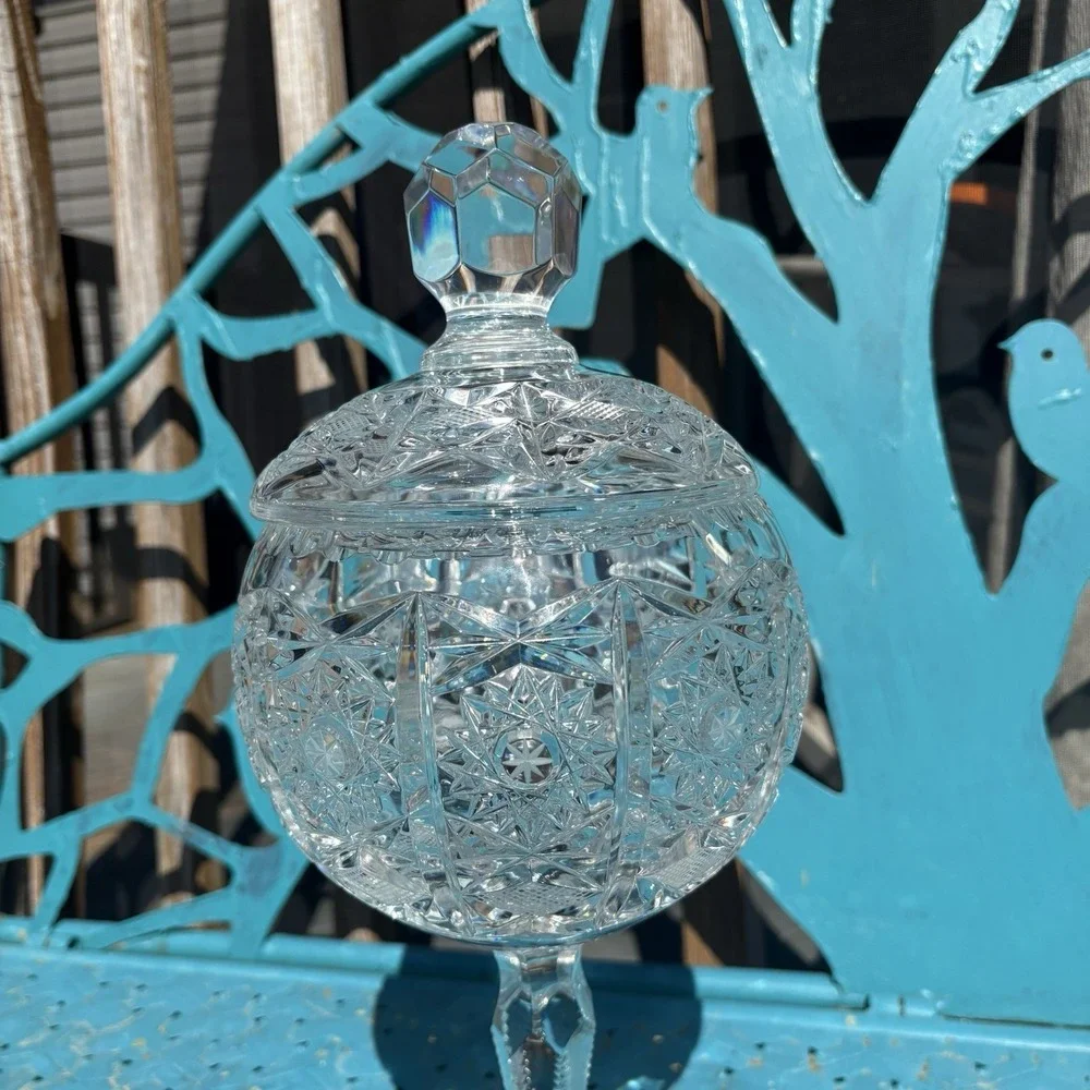 Vtg RARE Sklarny Bohemia Queens Lace Lead Crystal Tall Compote Candy Dish HTF